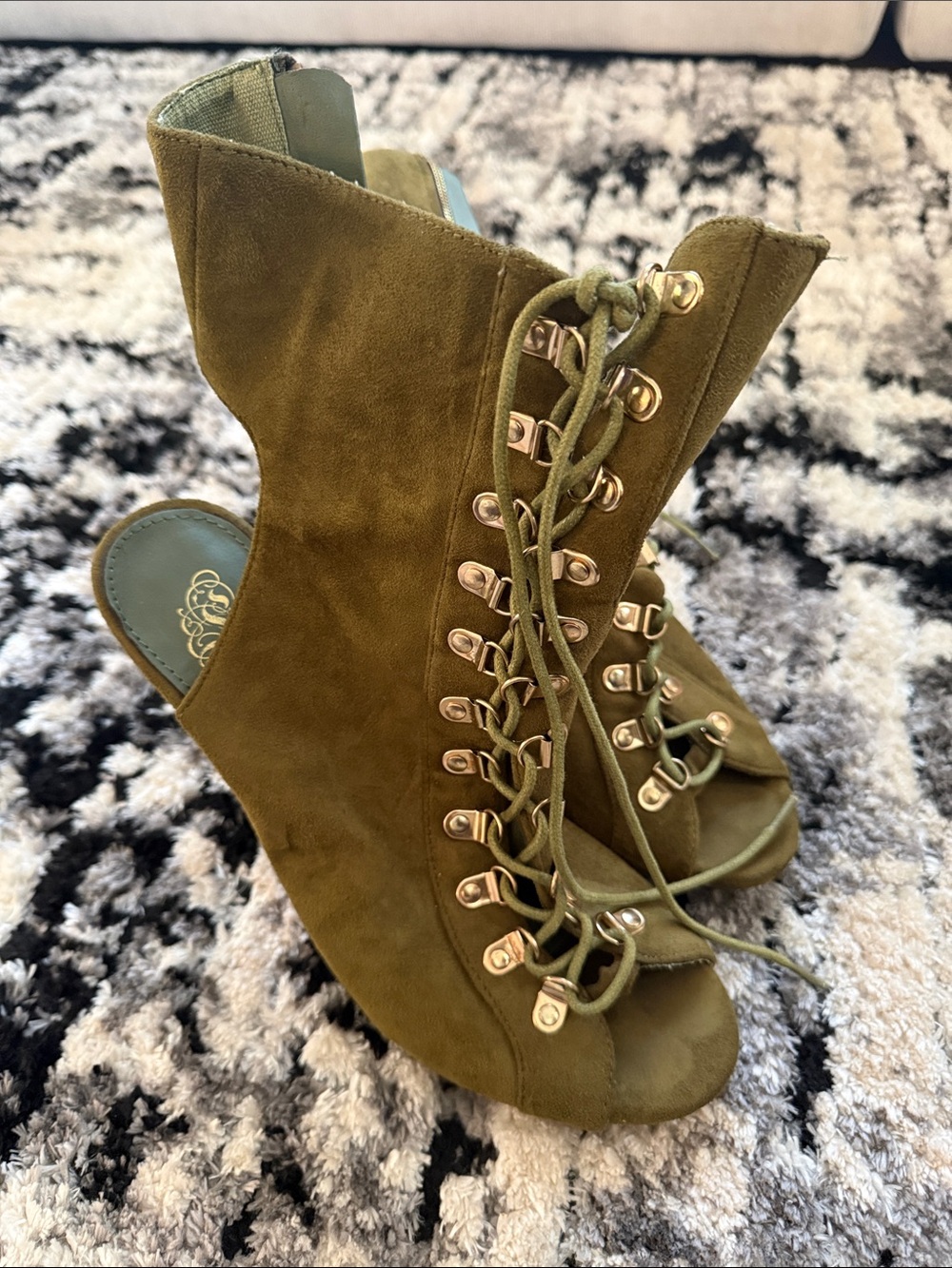 Olive Green Lace-Up Peep Toe Wedge Sandals - Women